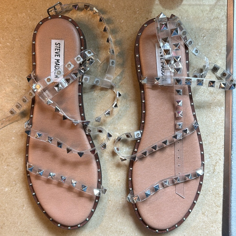 Steve Madden Travel Tan Clear Rockstud Wrap Sandals Women’s Size 9